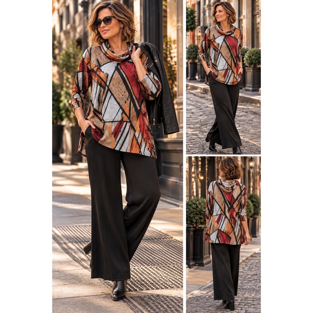 Alfred Dunner 2X Abstract Art Tunic Top Cowl Neck Grommet Artsy Boho